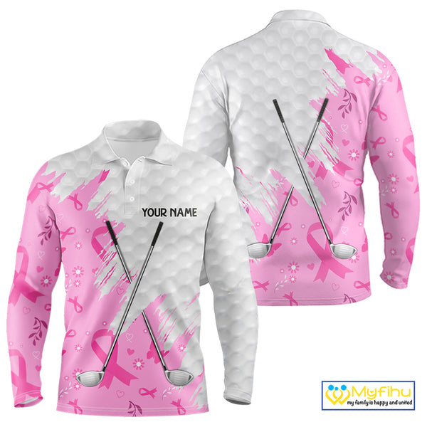 Pink ribbon breast cancer pattern custom name white Mens golf polo shirts, team golf tops for men NQS10421