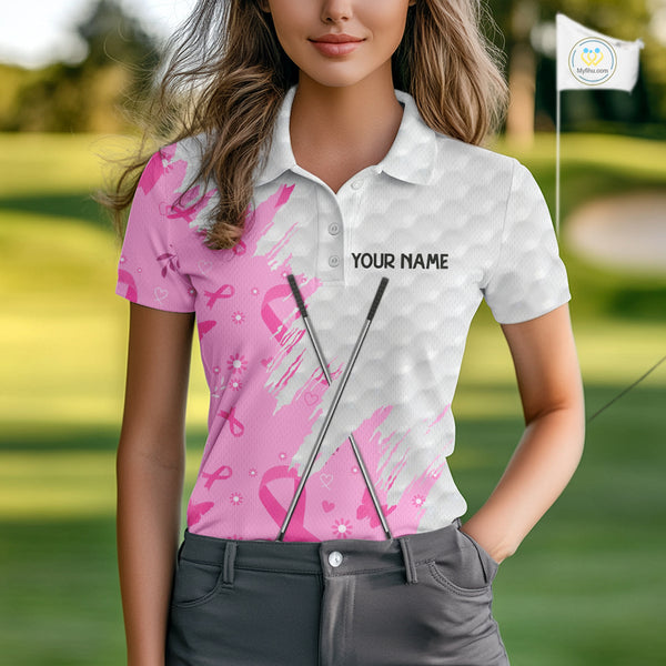Pink ribbon breast cancer pattern custom name white Women golf polo shirts, team golf tops for ladies NQS10421