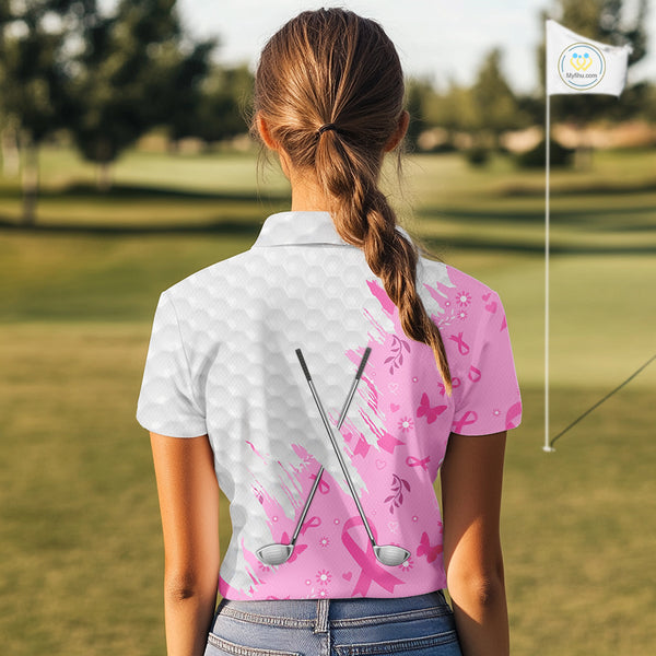 Pink ribbon breast cancer pattern custom name white Women golf polo shirts, team golf tops for ladies NQS10421