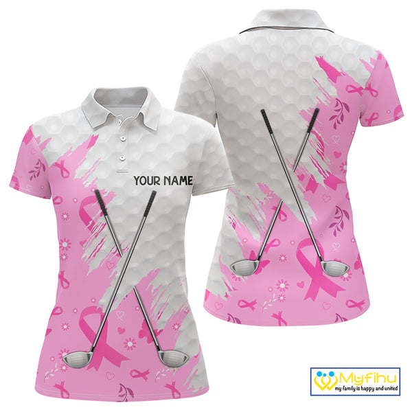 Pink ribbon breast cancer pattern custom name white Women golf polo shirts, team golf tops for ladies NQS10421