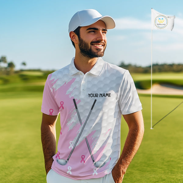 Light Pink ribbon breast cancer pattern custom white Mens golf polo shirts, team golf clubs mens tops NQS10422