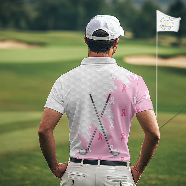 Light Pink ribbon breast cancer pattern custom white Mens golf polo shirts, team golf clubs mens tops NQS10422
