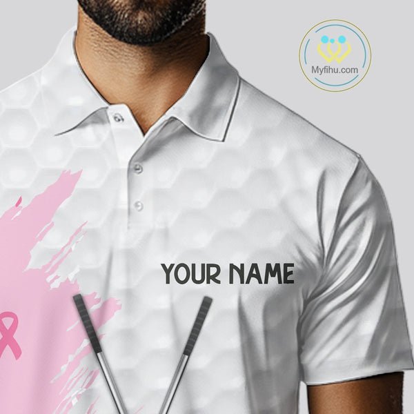 Light Pink ribbon breast cancer pattern custom white Mens golf polo shirts, team golf clubs mens tops NQS10422