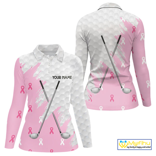 Light Pink ribbon breast cancer pattern custom white Women golf polo shirt, team ladies golf top NQS10422