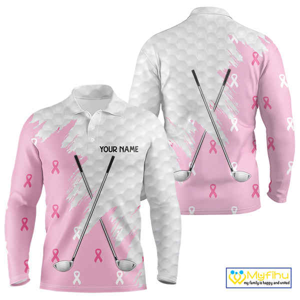 Light Pink ribbon breast cancer pattern custom white Mens golf polo shirts, team golf clubs mens tops NQS10422