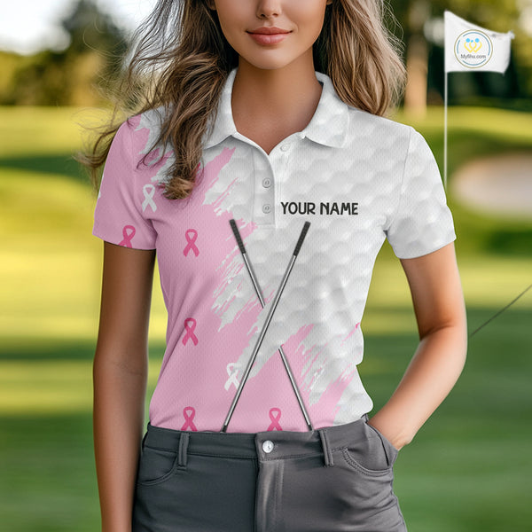 Light Pink ribbon breast cancer pattern custom white Women golf polo shirt, team ladies golf top NQS10422