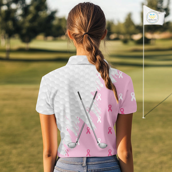 Light Pink ribbon breast cancer pattern custom white Women golf polo shirt, team ladies golf top NQS10422