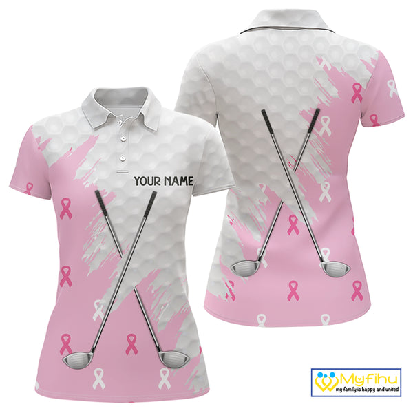 Light Pink ribbon breast cancer pattern custom white Women golf polo shirt, team ladies golf top NQS10422