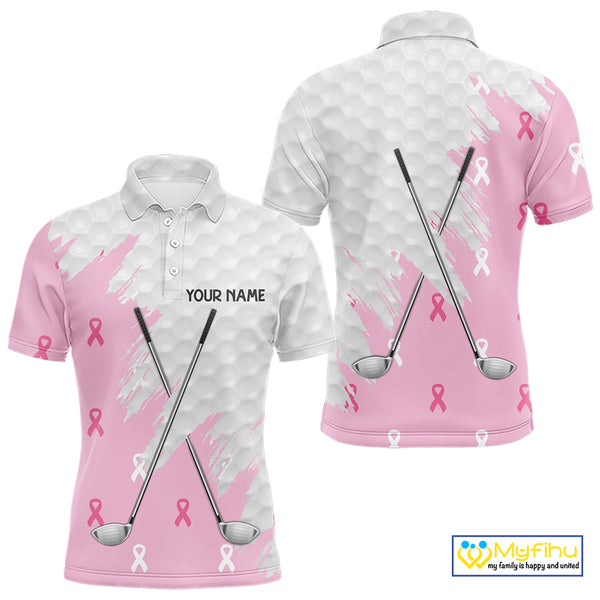 Light Pink ribbon breast cancer pattern custom white Mens golf polo shirts, team golf clubs mens tops NQS10422