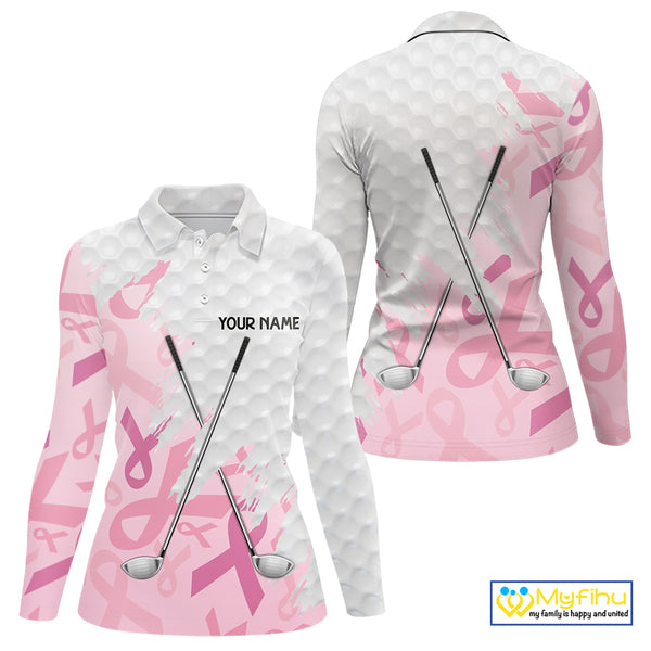 Breast cancer Women golf polo shirts custom Pink ribbon pattern golf clubs team golf tops for ladies NQS10423