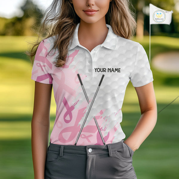 Breast cancer Women golf polo shirts custom Pink ribbon pattern golf clubs team golf tops for ladies NQS10423