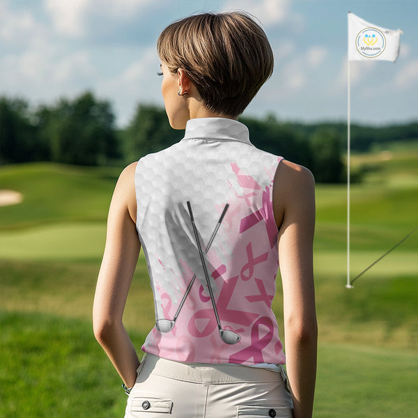 Breast cancer Women Sleeveless polos custom Pink ribbon pattern golf clubs team golf tops for ladies NQS10423