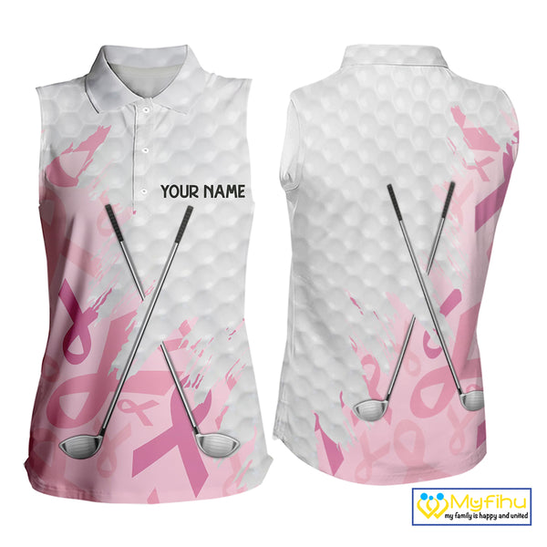 Breast cancer Women Sleeveless polos custom Pink ribbon pattern golf clubs team golf tops for ladies NQS10423