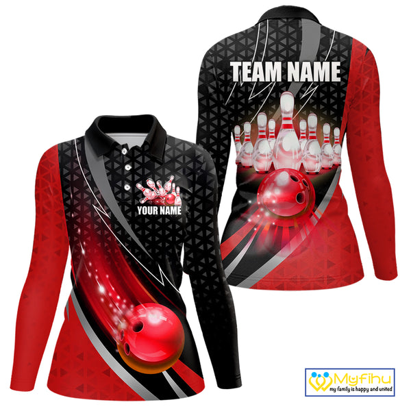 Black and Red Bowling Camo Polo, 1/4 Zip Shirt for Women Custom Team Bowling jerseys, Bowler Outfit NQS10424