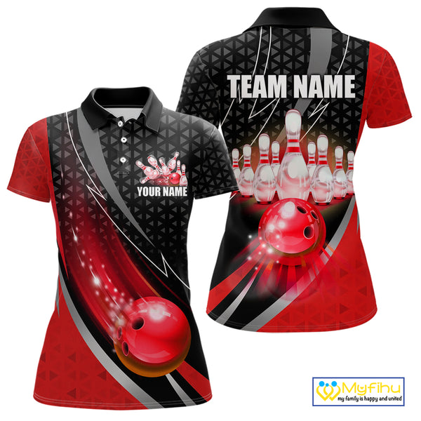 Black and Red Bowling Camo Polo, 1/4 Zip Shirt for Women Custom Team Bowling jerseys, Bowler Outfit NQS10424