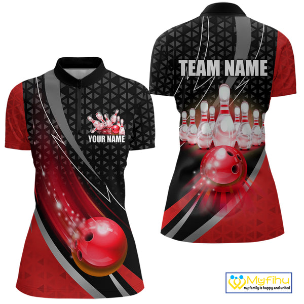 Black and Red Bowling Camo Polo, 1/4 Zip Shirt for Women Custom Team Bowling jerseys, Bowler Outfit NQS10424