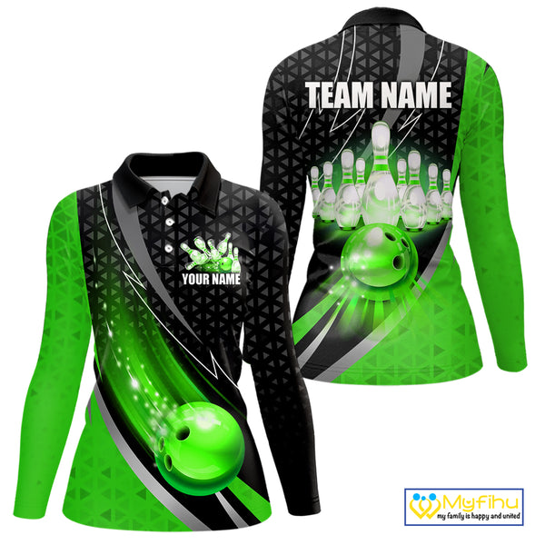 Black and Green Bowling Camo Polo, 1/4 Zip Shirt for Women Custom Team Bowling jerseys, Bowler Outfit NQS10425