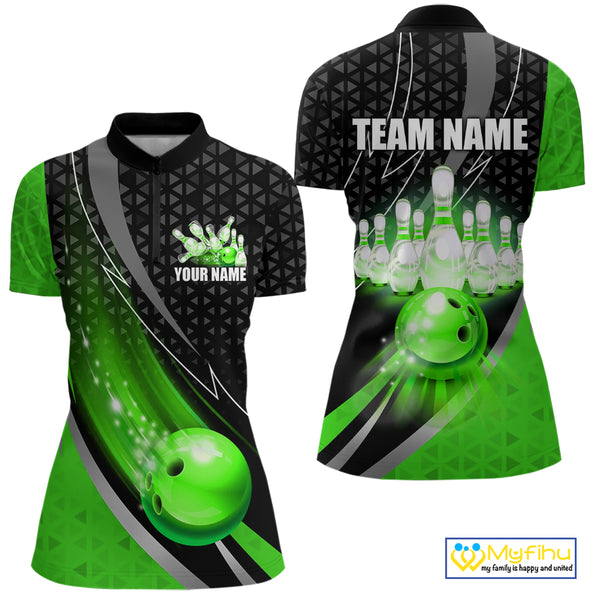 Black and Green Bowling Camo Polo, 1/4 Zip Shirt for Women Custom Team Bowling jerseys, Bowler Outfit NQS10425