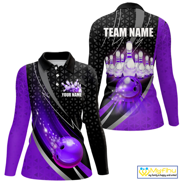 Black and Purple Bowling Camo Polo, 1/4 Zip Shirt for Women Custom Team Bowling jersey, Bowler Outfit NQS10426