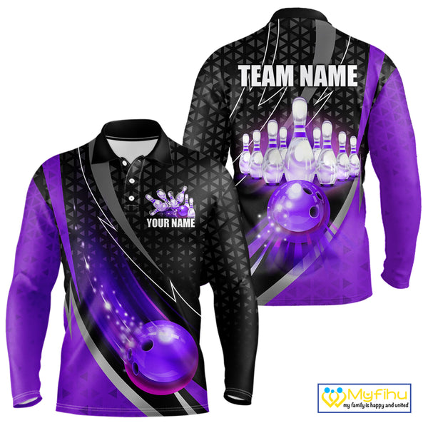 Black and Purple Bowling Camo Polo, 1/4 Zip Shirt for Men Custom Team Bowling jerseys, Bowler Outfit NQS10426