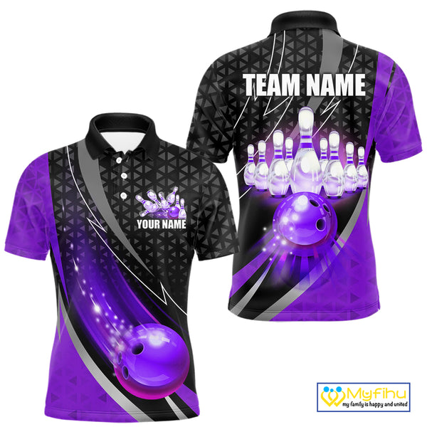 Black and Purple Bowling Camo Polo, 1/4 Zip Shirt for Men Custom Team Bowling jerseys, Bowler Outfit NQS10426