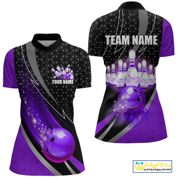 Black and Purple Bowling Camo Polo, 1/4 Zip Shirt for Women Custom Team Bowling jersey, Bowler Outfit NQS10426