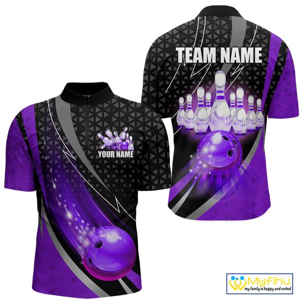 Black and Purple Bowling Camo Polo, 1/4 Zip Shirt for Men Custom Team Bowling jerseys, Bowler Outfit NQS10426