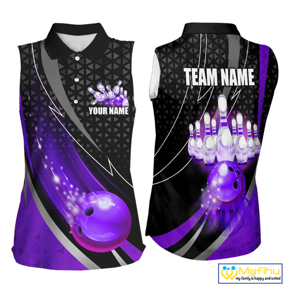 Black and Purple Bowling Camo Sleeveless polo Shirt Custom Team Bowling jerseys, Bowler Outfit NQS10426
