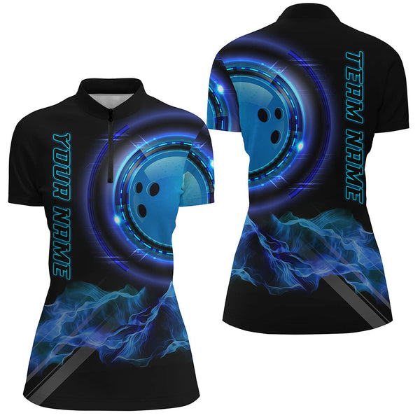 Blue Bowling Shirts for Women Personalized Bowling Team Jersey Custom Bowling Polo, Quarter-Zip Shirts NQS8452