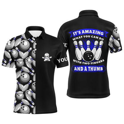 Skull black Mens Bowling polo Shirt custom It's amazing what you can do with two fingers and a thumb NQS6829