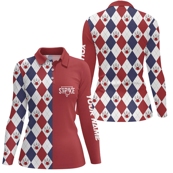 Red white blue argyle plaid pattern Womens bowling polo shirt custom bowling strike team jerseys NQS6830