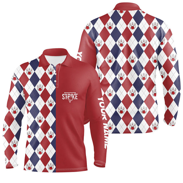 Red white blue argyle plaid pattern Mens Bowling polo Shirt custom bowling strike team jerseys NQS6830