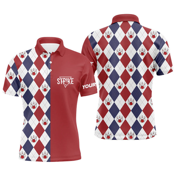 Red white blue argyle plaid pattern Mens Bowling polo Shirt custom bowling strike team jerseys NQS6830