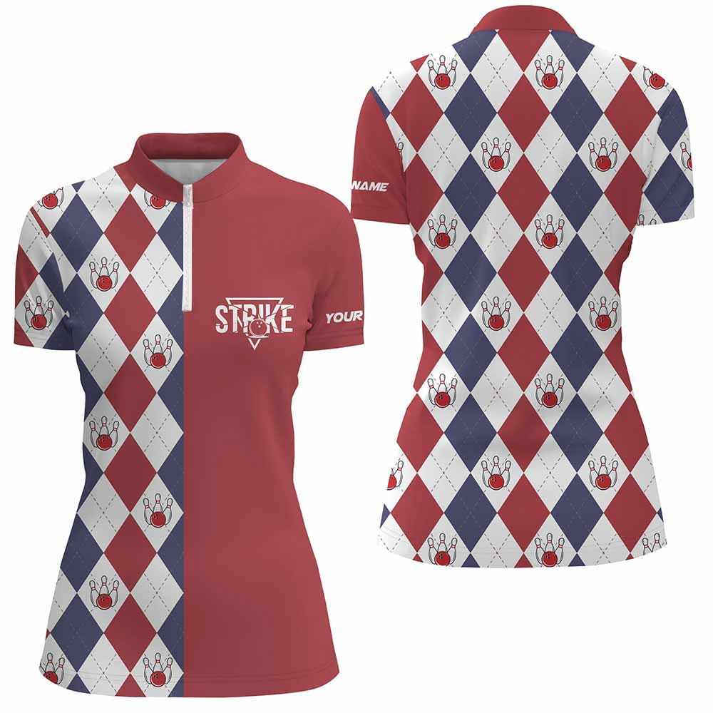 Red white blue argyle plaid pattern Women Bowling Quarter-Zip Shirt custom bowling strike team jerseys NQS6830