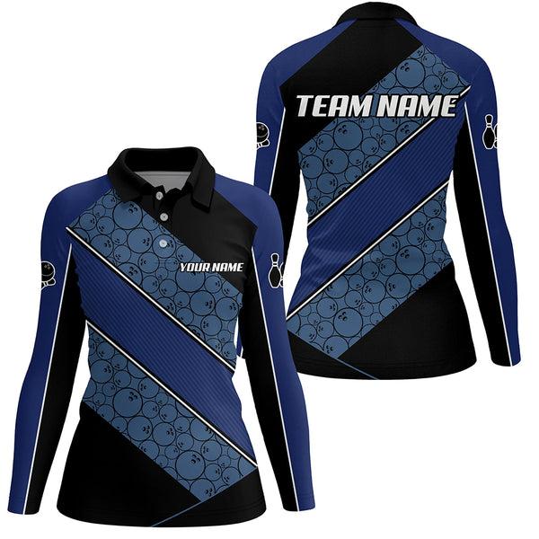 Black and Blue Camo Custom Bowling Polo, Quarter Zip Shirt For Women Personalized Bowling Team Jerseys NQS8907