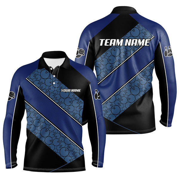 Black and Blue Camo Custom Bowling Polo, Quarter Zip Shirt For Men Personalized Bowling Team Jerseys NQS8907