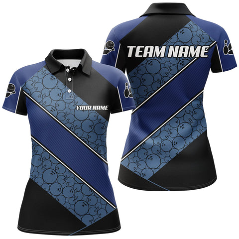 Black and Blue Camo Custom Bowling Polo, Quarter Zip Shirt For Women Personalized Bowling Team Jerseys NQS8907