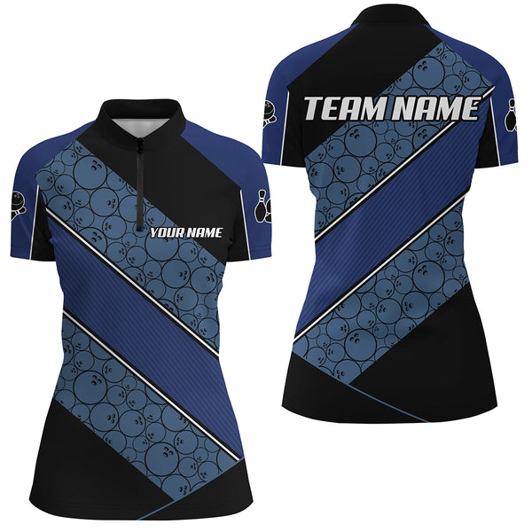 Black and Blue Camo Custom Bowling Polo, Quarter Zip Shirt For Women Personalized Bowling Team Jerseys NQS8907