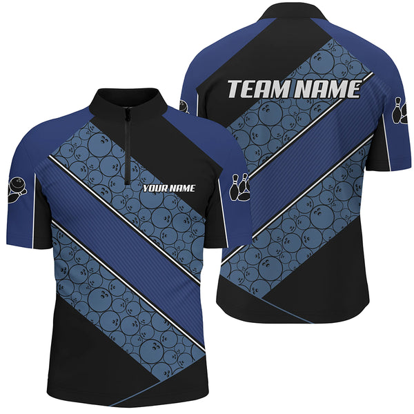 Black and Blue Camo Custom Bowling Polo, Quarter Zip Shirt For Men Personalized Bowling Team Jerseys NQS8907