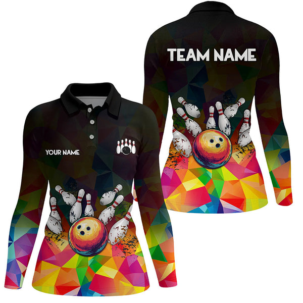 Colorful pattern and black Custom Bowling Polo, Quarter Zip Shirts For Women, Bowling Team Jerseys NQS9151