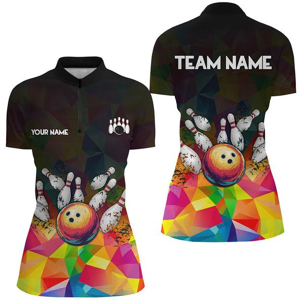 Colorful pattern and black Custom Bowling Polo, Quarter Zip Shirts For Women, Bowling Team Jerseys NQS9151