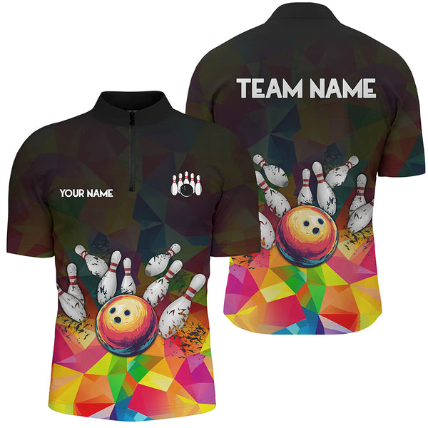 Colorful pattern and black Custom Bowling Polo, Quarter Zip Shirts For Men, Bowling Team Jerseys NQS9151