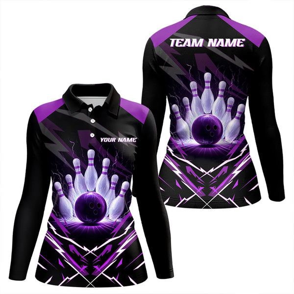 Black and Purple Lightning thunder Women Bowling Polo, Quarter Zip shirts Custom Bowling Team Jersey NQS9358