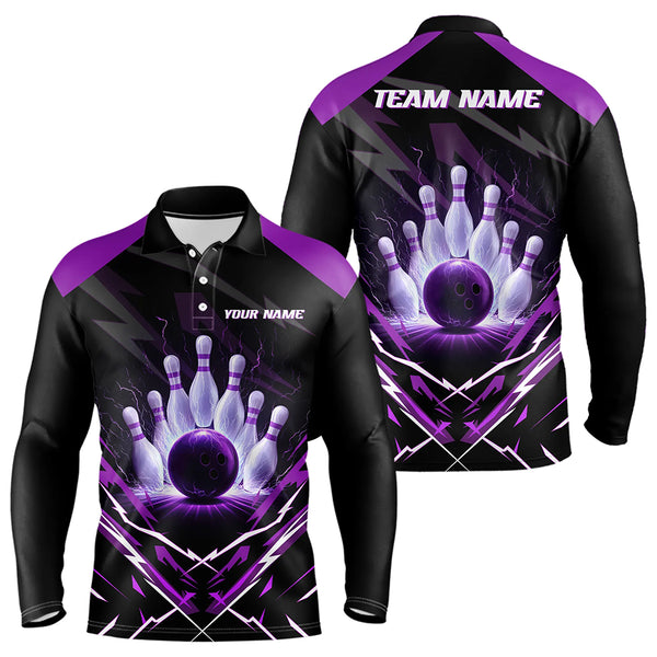 Black and Purple Lightning thunder Bowling Polo, Quarter Zip shirts for Men Custom Bowling Team Jersey NQS9358