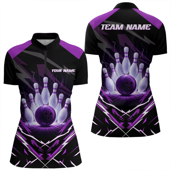 Black and Purple Lightning thunder Women Bowling Polo, Quarter Zip shirts Custom Bowling Team Jersey NQS9358