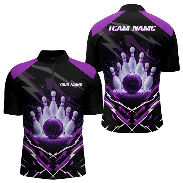 Black and Purple Lightning thunder Bowling Polo, Quarter Zip shirts for Men Custom Bowling Team Jersey NQS9358