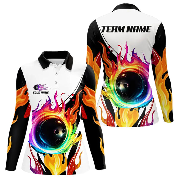 Colorful Flame Bowling Polo, Quarter Zip Shirts for Women Custom Fire Team Bowling jerseys NQS9675