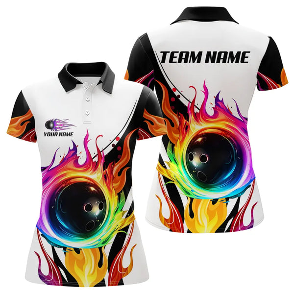 Colorful Flame Bowling Polo, Quarter Zip Shirts for Women Custom Fire Team Bowling jerseys NQS9675