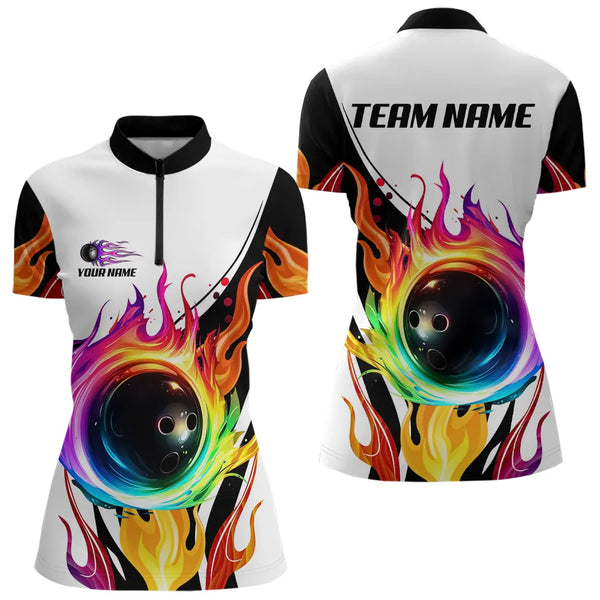 Colorful Flame Bowling Polo, Quarter Zip Shirts for Women Custom Fire Team Bowling jerseys NQS9675
