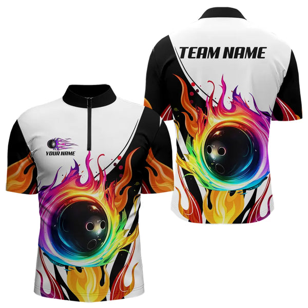 Colorful Flame Bowling Polo, Quarter Zip Shirts for Men Custom Fire Team Bowling jerseys NQS9675